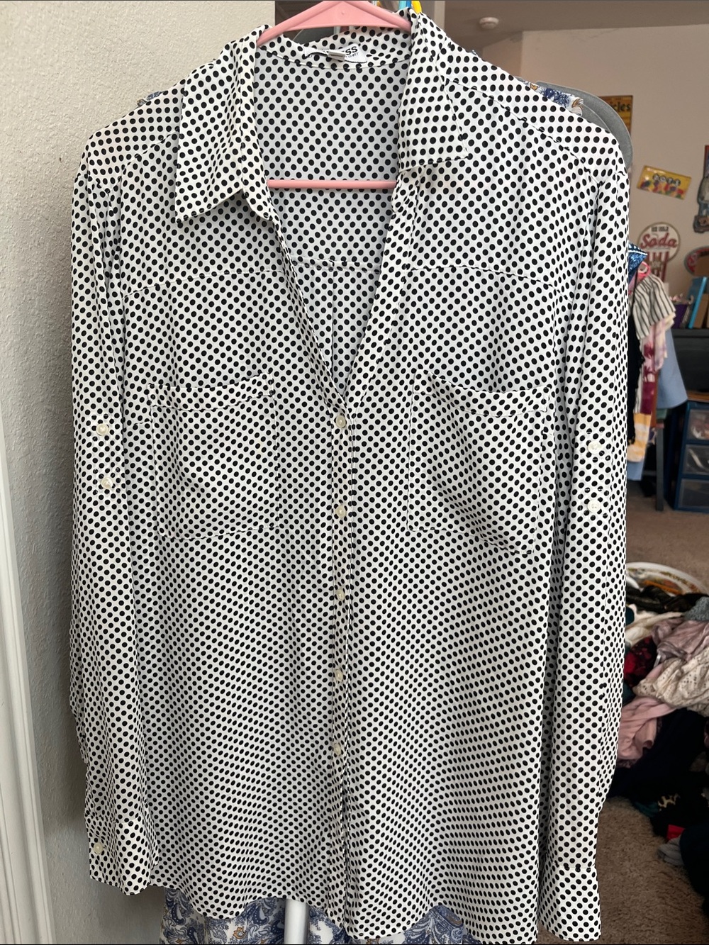 Express Black & White Polka Dot Button-Down Shirt
